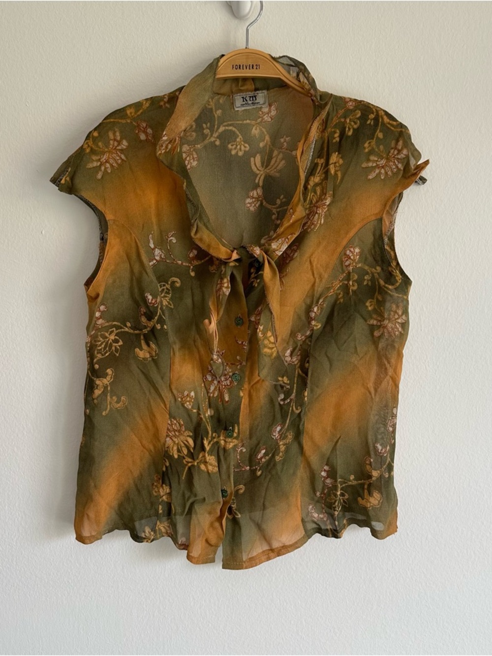 Vintage Y2K KHS Shirt Bluse Fairy Button Up Front Tie Green Orange Floral Euro